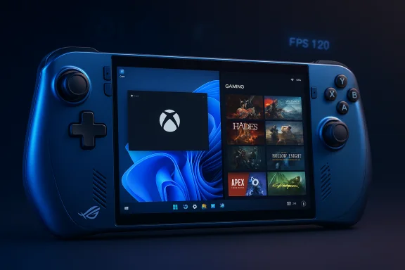 Blue handheld gaming console running Windows with an Xbox game library. Blue handheld gaming console running Windows with an Xbox game library.