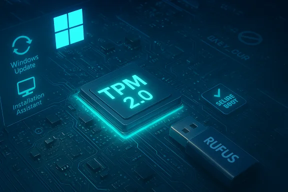 Glowing TPM 2.0 chip on a motherboard amid Windows icons and a bootable USB drive. Glowing TPM 2.0 chip on a motherboard amid Windows icons and a bootable USB drive.