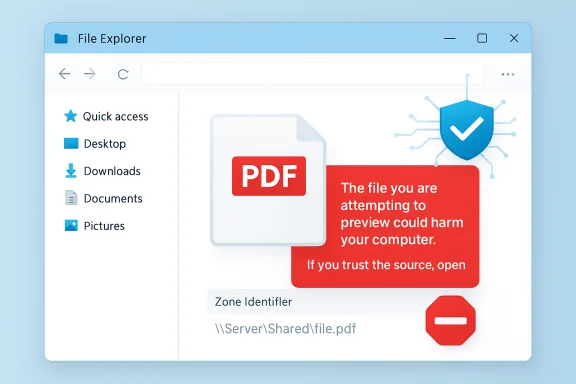 File Explorer window showing a red PDF security warning about previewing a file from a network path. File Explorer window showing a red PDF security warning about previewing a file from a network path.