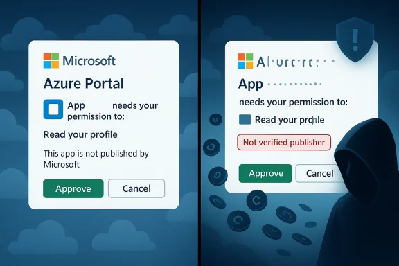 Split-screen: Azure Portal permission dialog on the left, and a 'Not verified publisher' warning with a hooded figure on the right. Split-screen: Azure Portal permission dialog on the left, and a 'Not verified publisher' warning with a hooded figure on the right.