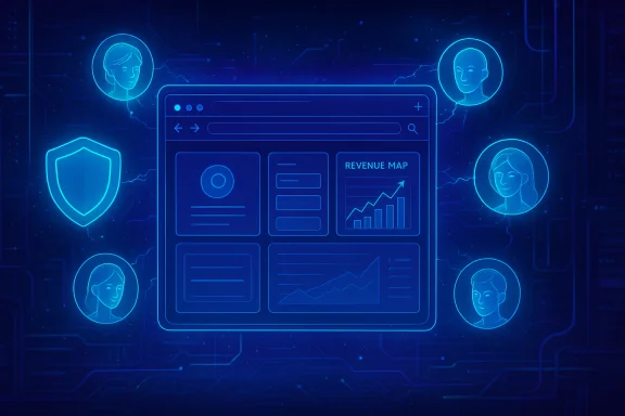 Glowing neon blue dashboard with a revenue map, surrounded by user avatars and a shield icon. Glowing neon blue dashboard with a revenue map, surrounded by user avatars and a shield icon.