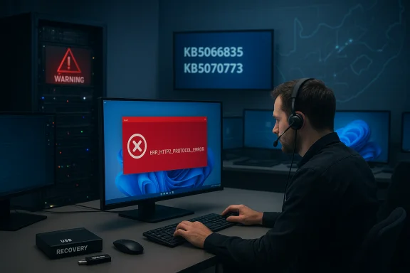 IT technician in a dim control room monitors a red ERR_HTTP2_PROTOCOL_ERROR on screen. IT technician in a dim control room monitors a red ERR_HTTP2_PROTOCOL_ERROR on screen.