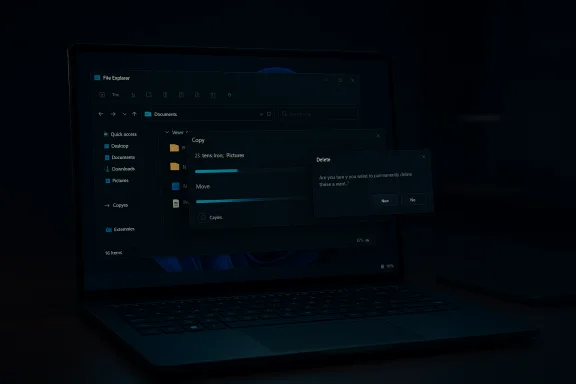A dark-lit laptop screen showing Windows File Explorer with a file-copy progress bar and a delete confirmation dialog. A dark-lit laptop screen showing Windows File Explorer with a file-copy progress bar and a delete confirmation dialog.
