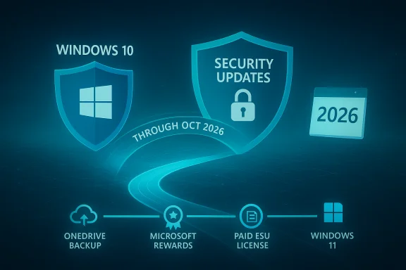 Infographic showing Windows 10 security updates through Oct 2026 with upgrade and backup options. Infographic showing Windows 10 security updates through Oct 2026 with upgrade and backup options.