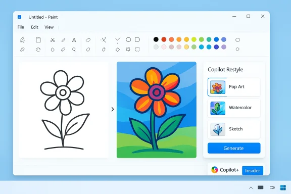 Paint-like app showing a black-outline flower, a colored version, and a Copilot Restyle panel. Paint-like app showing a black-outline flower, a colored version, and a Copilot Restyle panel.