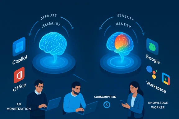 Two brains compare Copilot/Office telemetry with Google/Workspace identity for knowledge workers. Two brains compare Copilot/Office telemetry with Google/Workspace identity for knowledge workers.