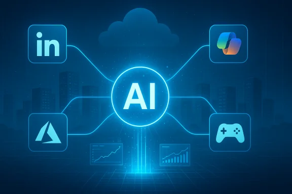 A central AI hub linking LinkedIn, cloud services, apps, gaming, and analytics. A central AI hub linking LinkedIn, cloud services, apps, gaming, and analytics.