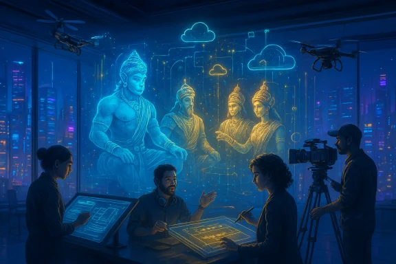 A futuristic studio where a crew drafts a holographic mural of Hindu gods against a neon cityscape. A futuristic studio where a crew drafts a holographic mural of Hindu gods against a neon cityscape.