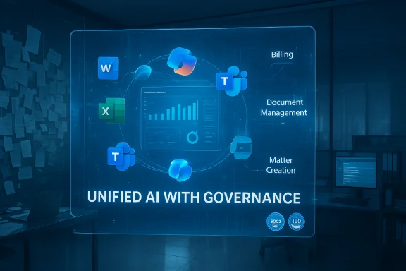 Futuristic display promoting Unified AI with Governance, showing Word, Excel, and Teams logos.