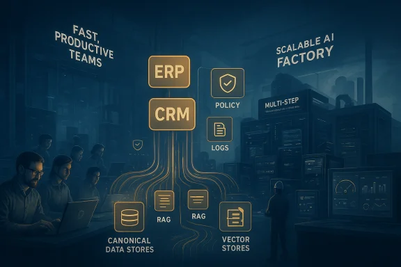 Blue-tinted AI data factory routing ERP/CRM data to policy, logs, RAG, and vector stores. Blue-tinted AI data factory routing ERP/CRM data to policy, logs, RAG, and vector stores.