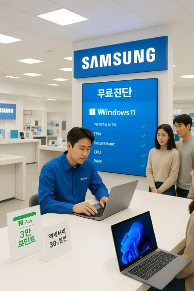 A Samsung store employee assists customers at a counter beside a Windows 11 display. A Samsung store employee assists customers at a counter beside a Windows 11 display.