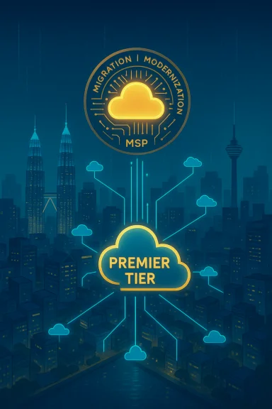 Neon-lit city skyline with cloud-network graphics and a 'Premier Tier' MSP badge. Neon-lit city skyline with cloud-network graphics and a 'Premier Tier' MSP badge.