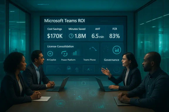 Team presents Microsoft Teams ROI metrics on a large screen in a boardroom. Team presents Microsoft Teams ROI metrics on a large screen in a boardroom.