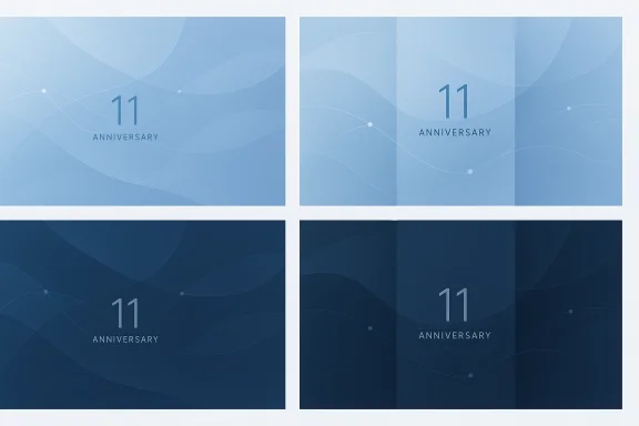 Four blue panels celebrating an 11th anniversary with abstract wave patterns. Four blue panels celebrating an 11th anniversary with abstract wave patterns.