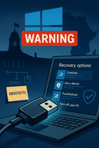 Windows warning screen on a laptop showing recovery options and a USB drive.