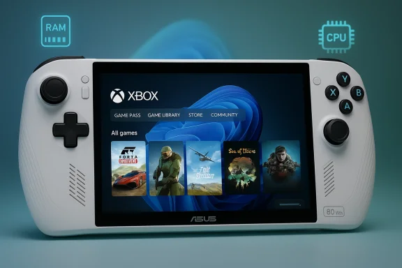 White handheld console displaying the Xbox Game Pass interface with game covers. White handheld console displaying the Xbox Game Pass interface with game covers.
