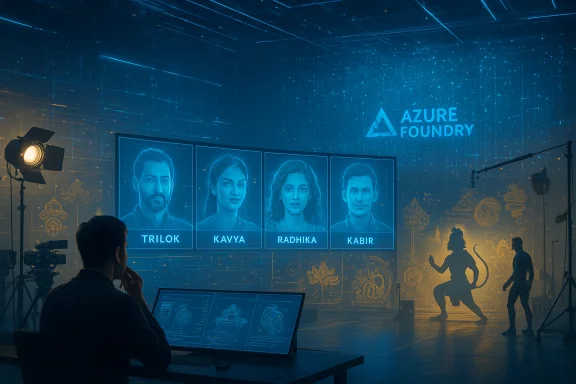 A futuristic lab screen displays four headshots Trilok, Kavya, Radhika, Kabir beneath the Azure Foundry logo. A futuristic lab screen displays four headshots Trilok, Kavya, Radhika, Kabir beneath the Azure Foundry logo.