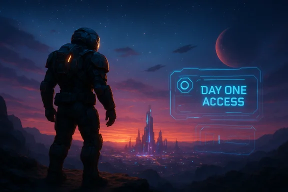 Astronaut in a space suit overlooks a neon-lit city beside a holographic 'Day One Access' panel. Astronaut in a space suit overlooks a neon-lit city beside a holographic 'Day One Access' panel.
