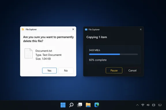 Two Windows-style dialogs on a dark blue desktop: a delete confirmation and a file-copy progress window. Two Windows-style dialogs on a dark blue desktop: a delete confirmation and a file-copy progress window.