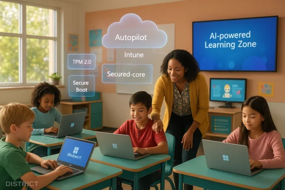 Teacher guides students on laptops in a bright classroom with a floating cloud diagram. Teacher guides students on laptops in a bright classroom with a floating cloud diagram.