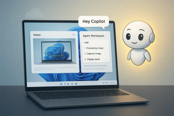 Laptop screen shows Copilot UI with Vision and Agent Workspace, beside a friendly robot. Laptop screen shows Copilot UI with Vision and Agent Workspace, beside a friendly robot.