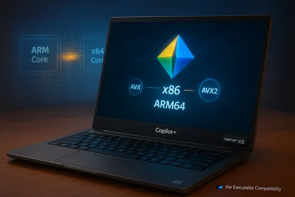 Laptop screen shows ARM64 and x86 compatibility with AVX/AVX2 and Copilot+ branding. Laptop screen shows ARM64 and x86 compatibility with AVX/AVX2 and Copilot+ branding.