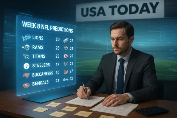 Businessman signs papers as a holographic Week 8 NFL predictions board glows beside him. Businessman signs papers as a holographic Week 8 NFL predictions board glows beside him.