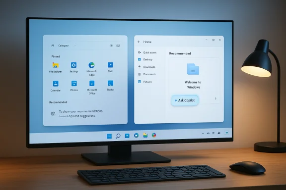 A large monitor on a wooden desk shows Windows 11 with two app panels, beside a glowing desk lamp. A large monitor on a wooden desk shows Windows 11 with two app panels, beside a glowing desk lamp.