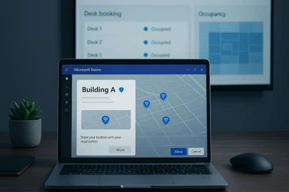 Laptop shows Microsoft Teams with a Building A location map and a location-sharing prompt. Laptop shows Microsoft Teams with a Building A location map and a location-sharing prompt.