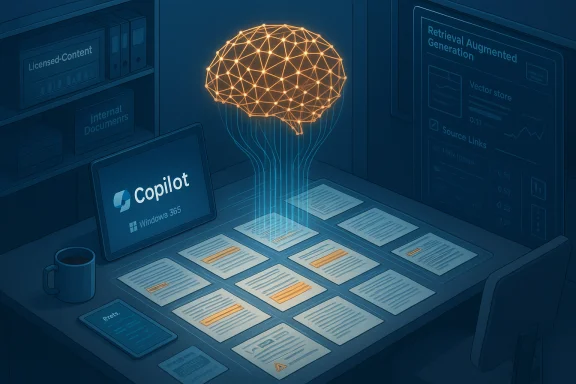 A glowing neural-brain hologram rises from a desk of documents beside Copilot on Windows 365. A glowing neural-brain hologram rises from a desk of documents beside Copilot on Windows 365.