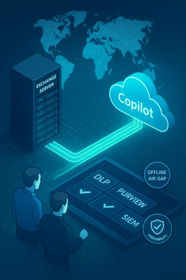 Copilot cloud connects to an on-prem Exchange server with DLP, Purview, SIEM and offline air gap. Copilot cloud connects to an on-prem Exchange server with DLP, Purview, SIEM and offline air gap.