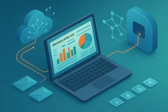 Isometric laptop showing data analytics charts, connected to cloud and security icons. Isometric laptop showing data analytics charts, connected to cloud and security icons.