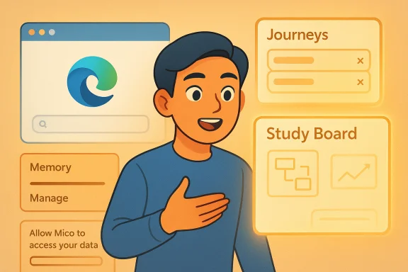 A person stands among floating dashboards labeled Journeys, Study Board, and Memory beside a browser window. A person stands among floating dashboards labeled Journeys, Study Board, and Memory beside a browser window.