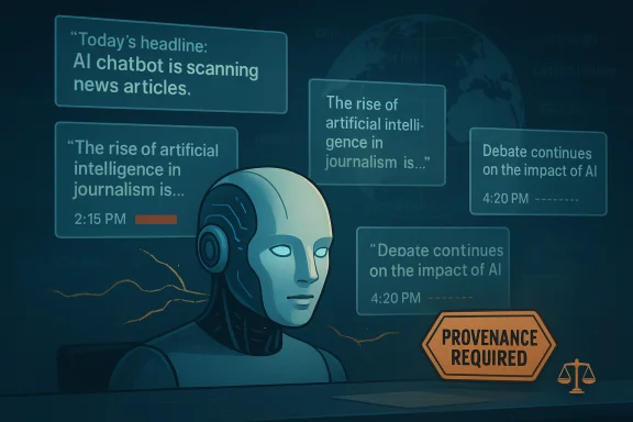 A robotic news-presenter sits before floating AI headlines, with a 'Provenance Required' sign. A robotic news-presenter sits before floating AI headlines, with a 'Provenance Required' sign.