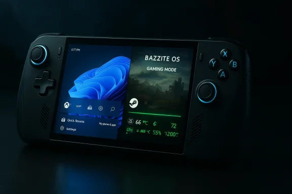A handheld gaming console displaying Windows-like UI on the left and BAZZITE OS Gaming Mode on the right. A handheld gaming console displaying Windows-like UI on the left and BAZZITE OS Gaming Mode on the right.