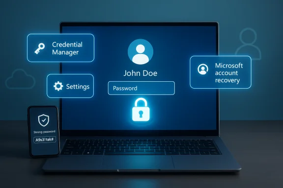 A laptop screen shows a secure login with glowing options like Credential Manager and account recovery.