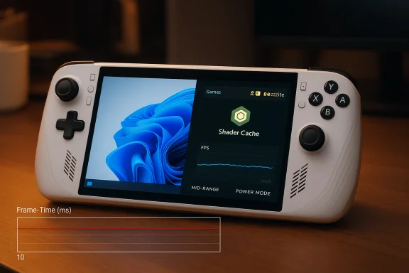 A white handheld gaming console displaying a Shader Cache screen and a frame-time graph. A white handheld gaming console displaying a Shader Cache screen and a frame-time graph.