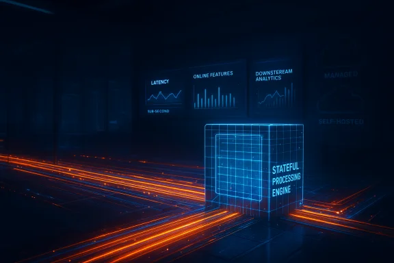 A glowing blue cube labeled Stateful Processing Engine stands amid neon dashboards and orange data streams. A glowing blue cube labeled Stateful Processing Engine stands amid neon dashboards and orange data streams.