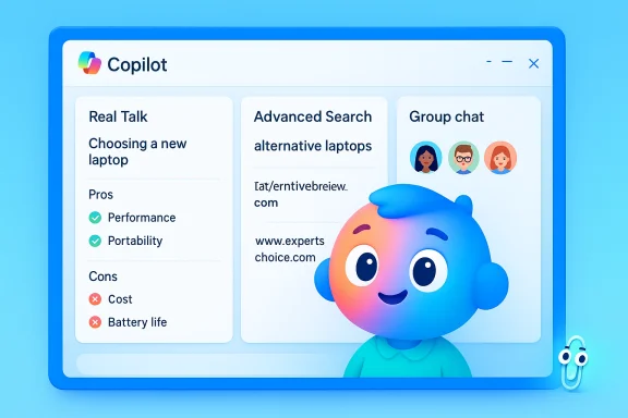 Copilot dashboard showing laptop tips, advanced search, and group chat with a friendly blue mascot. Copilot dashboard showing laptop tips, advanced search, and group chat with a friendly blue mascot.