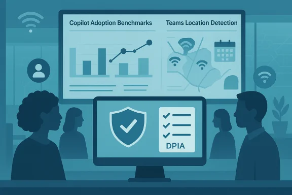 Team members review adoption benchmarks and location-detection dashboards on a large monitor. Team members review adoption benchmarks and location-detection dashboards on a large monitor.