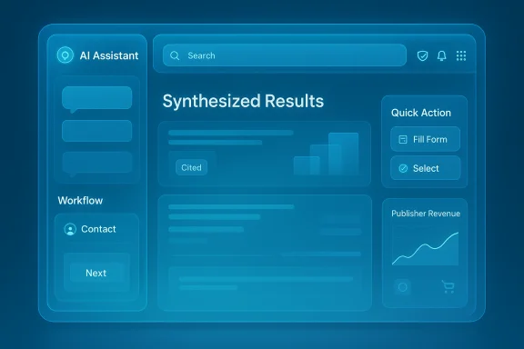 Blue AI assistant dashboard displaying synthesized results with charts and quick actions. Blue AI assistant dashboard displaying synthesized results with charts and quick actions.