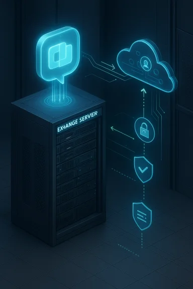 An Exchange Server rack connects securely to a glowing cloud with security icons. An Exchange Server rack connects securely to a glowing cloud with security icons.
