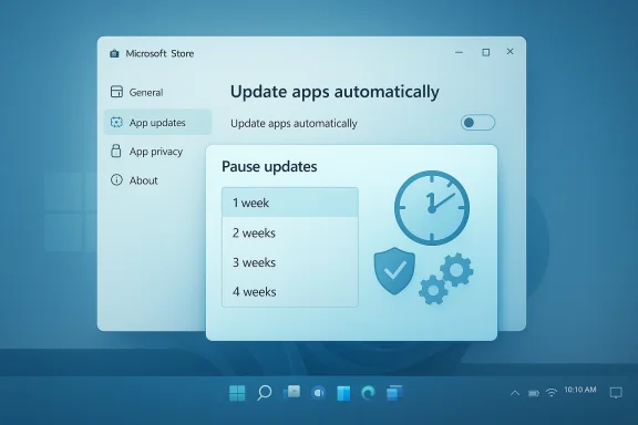 Windows-style settings window for auto-updates, featuring a Pause updates duration menu. Windows-style settings window for auto-updates, featuring a Pause updates duration menu.
