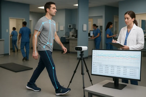 A man walks in a motion-capture lab as blue skeleton lines track his movement. A man walks in a motion-capture lab as blue skeleton lines track his movement.