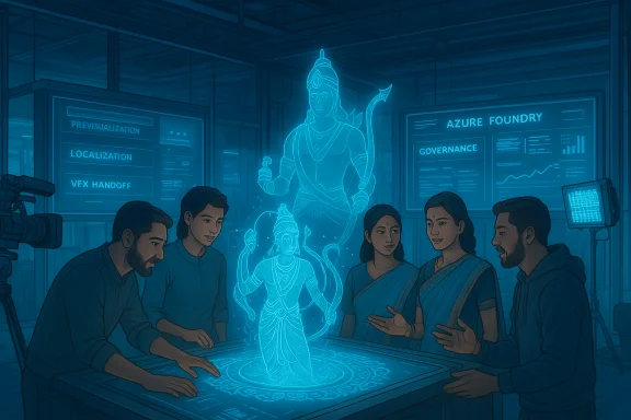 A diverse team gathers around a glowing blue holographic deity projected on a table in a futuristic VFX lab. A diverse team gathers around a glowing blue holographic deity projected on a table in a futuristic VFX lab.