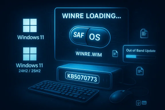 A futuristic blue Windows 11 UI showing WinRE loading, SAFE OS, and update status. A futuristic blue Windows 11 UI showing WinRE loading, SAFE OS, and update status.