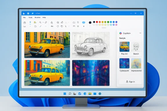 Monitor shows a drawing app with vintage cars and an art-style panel. Monitor shows a drawing app with vintage cars and an art-style panel.