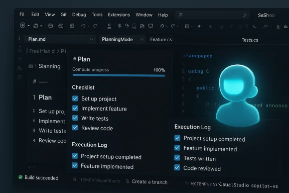 Dark IDE screen showing a Plan panel with 100% progress, checklists, execution logs, and a glowing avatar.