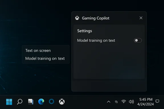 Gaming Copilot settings panel on a dark screen with a toggle for 'Model training on text'. Gaming Copilot settings panel on a dark screen with a toggle for 'Model training on text'.