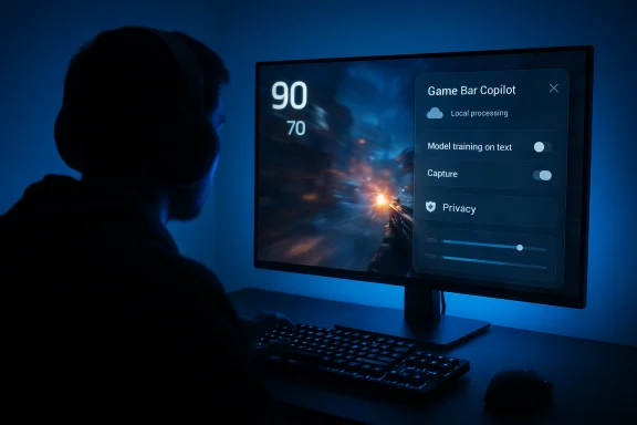 Silhouetted gamer wearing headphones sits at a blue-lit desk, monitor showing Game Bar Copilot settings. Silhouetted gamer wearing headphones sits at a blue-lit desk, monitor showing Game Bar Copilot settings.